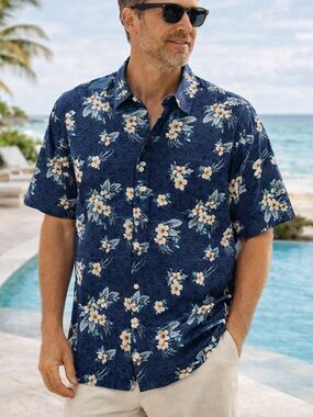 Tommy Bahama 100% Silk Camp Shirt XL Tall Blue Floral Hawaiian Button Front NWT